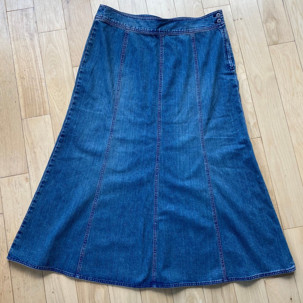 VTG Liz Claiborne Cottagecore Denim Paneled Maxi Skirt Western Prairie Cotton - Picture 7 of 10